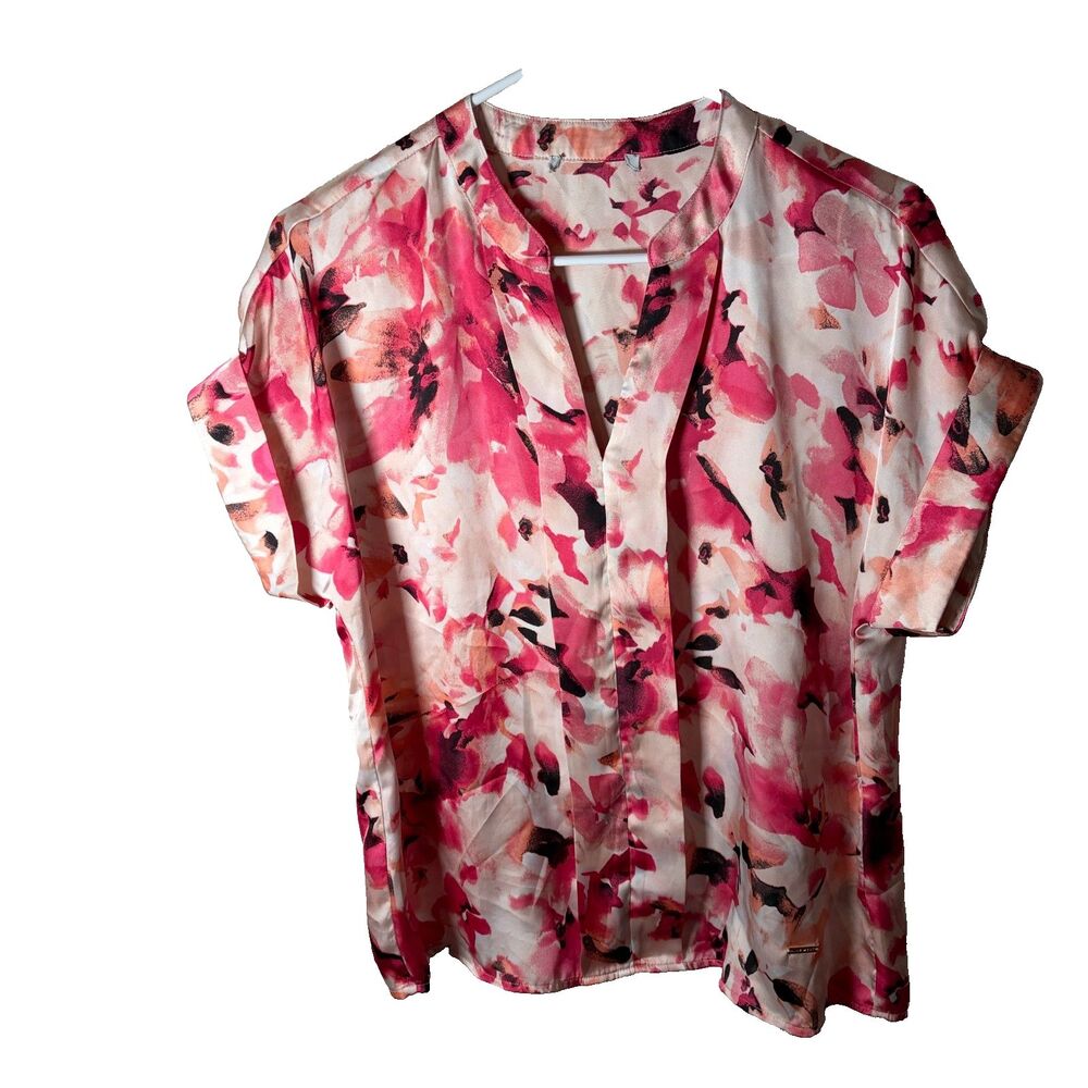 Nine West Blouse Women's Large Pink Printed V-Neck Short Sleeve Colorful